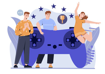 Wall Mural - People with controller. Video games and modern entertainment metaphor. Gadgets and devices, modern technologies and digital world. Students with gamepad or joystick. Cartoon flat vector illustration