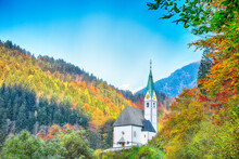 Picturesque View On Church Of St. Mary Of The Snows In The Kamnik Alps At Solcava.