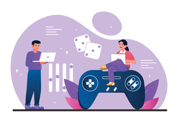 Wall Mural - Video game development. Man and woman with laptops near joystick or controller. Programmers and IT specialists write code. Modern technologies and entertainment. Cartoon flat vector illustration