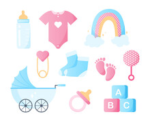 Set Of Baby Shower. Collection Of Stickers For Social Networks. Stroller, Pacifier And Sliders For Newborns, Milk, Rainbow And Cubes. Cartoon Flat Vector Illustrations Isolated On White Background
