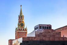 Spasskaya Clock Tower And Lenin Mausoleum, Kremlin, Red Square, Moscow, Russia	