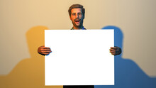 Man Holding White Board Under Blue And Yellow Light Presenting Message Copy Space 3D Illustration