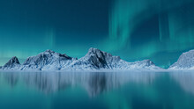 Snow Covered Terrain With Aurora Borealis. Blue Sky Wallpaper With Copy-space.