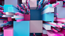 Multicolored 3D Block Background. Tech Wallpaper With Vibrant Pink And Blue Colors. 3D Render 
