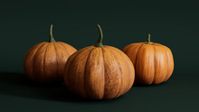 Contemporary Fall Wallpaper With A Collection Of Pumpkins On Dark Green Background.