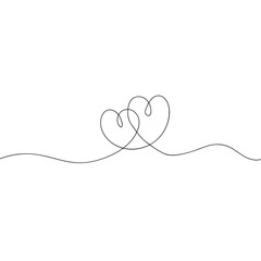 Wall Mural - Continuous line drawing of love sign with two hearts embrace minimalism design on white background. Hand sketch art, relationship icon, romance concept. Vector EPS 10.