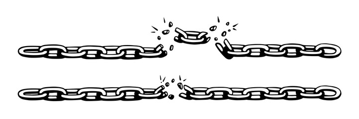 Wall Mural - broken chain with shatters as symbol of strength and freedom. sketch of metal chains. vector illustr