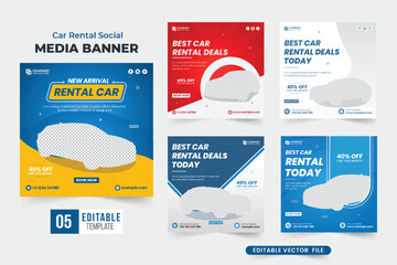 Wall Mural - Car rental deal template bundle for business advertisement. Automobile and rent a car business web banner set design with blue and yellow colors. Car rental social media post vector collection.