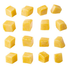 Sticker - Rip mango slice cubes cut, Mango half cut in cubes, Fresh juicy mango fruit isolated on transparent background