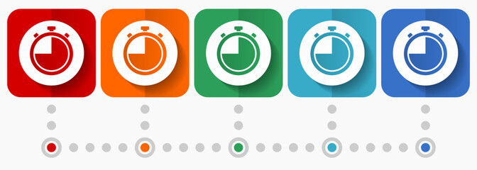 Fototapete - Stopwatch, watch vector icons, infographic template, set of flat design symbols in 5 color options