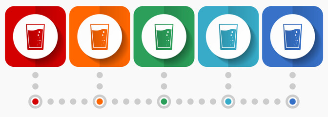 Fototapete - Glass of water vector icons, infographic template, set of flat design symbols in 5 color options