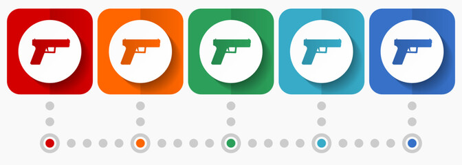 Fototapete - Pistol, gun, weapon vector icons, infographic template, set of flat design symbols in 5 color options