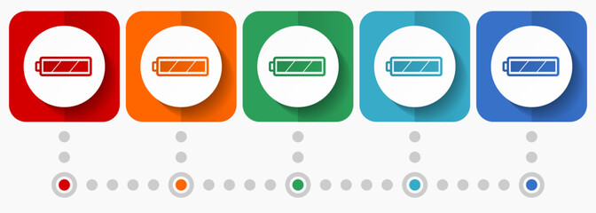 Aufkleber - Battery vector icons, infographic template, set of flat design symbols in 5 color options