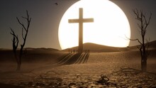 A Huge Wooden Cross On The Desert With People Standing Around It, Dry Trees, Branches, And Leaves Scattered Around, And A Big Sunset 3D Animation.