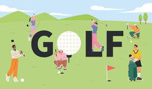 Many People Are Playing Golf On The Golf Field. Flat Vector Illustration.