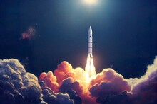 Space Rocket Launch. Beautiful Illustration Generated By Ai, Is Not Based On Any Specific Real Image	
