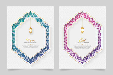 Poster - Ramadan and Eid Islamic White Luxury Vertical Ornamental Backgrounds with Arabic Pattern and Decorative Arch Frame