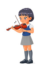 Wall Mural - Asian school girl playing violin. Cartoon vector illustration.