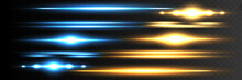 Red Horizontal Lens Flares Pack. Laser Beams, Horizontal Light Rays.Beautiful Light Flares. Glowing Streaks On Dark Background. Luminous Abstract Sparkling Lined Background.