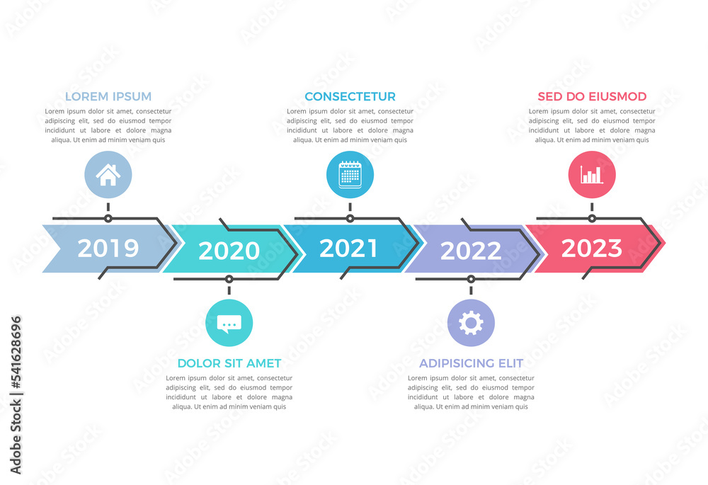 Horizontal timeline template with five arrows, workflow or process ...