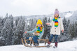 © Volodymyr - Funny boy and girl having fun with a sleigh in winter. Cute children playing in a snow. Winter activities for kids. Winter kids fun.