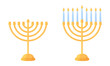 Hanukkah menorah empty and with lit candles. Set of traditional Jewish Hanukah symbol. Isolated golden chanukiah holder with nine candles on white background. Flat vector illustration