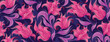 Vector pattern with fabulous curled pink flowers. Fantastic floral texture on dark purple background