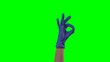 © kinomaster - Woman hand in a medical blue glove showing gesture of sign ok. Doctor arm in protective glove gesturing good or recommending. Close up on green screen background.