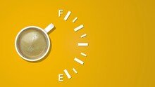 Scale Of Fuel Indicator, Showing Fuel Level And Cup Coffee With Foam At Yellow Background. Coffee Creative Idea Background. Loading Status Bar. Modern Web Icon. Graphic Style With Cup Coffee.