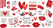 Valentine's Day Planner Sticker Set With Love Theme Clipart And Quotes. Red And Pink Diary Decoration With Hearts, Birds, Lips, Kiss, Washi Tape Pieces, Notebooks And Romantic Phrases.