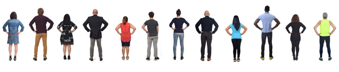Wall Mural - back view of large group of peple with arms akimbo on white background