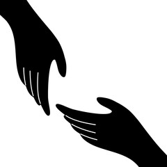 Black and white helping hands in flat vector illustration. Helping and support concept.