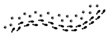 Two Black Footprint Trails (comics Silhuoette Shapes Of A Dog Paw Along With A Human Shoe), Going From The Left To The Right (horizontal Orientation).
