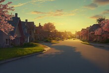 Road Along The Houses With Green Trees, Bushes At Sunset 3d Illustration