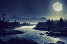 A River With A Bank And Silhouettes Of Trees At Night, A Coniferous Forest With A Full Moon And Stars In A Dark Sky 3d Illustration