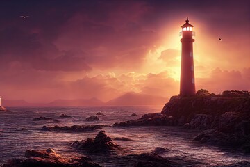 Rocky coast with stormy waves and a lighthouse on a rock at night 3d illustration