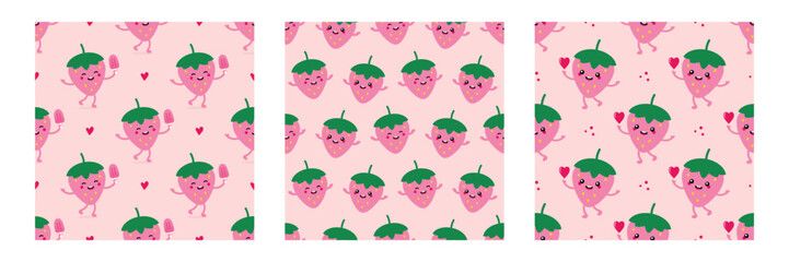 Wall Mural - Set, collection of three vector seamless pattern backgrounds with cute happy cartoon style pink strawberry characters.