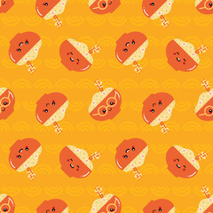 Wall Mural - Cute and happy cartoon style bowls of noodles, asian soup characters vector seamless pattern background for food design.
