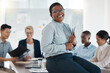 © Wesley J/peopleimages.com - Leader, ceo and manager happy with team development, planning and leadership in a marketing and advertising office. Portrait of a black woman smile in business meeting with work group in training