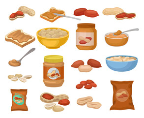 Wall Mural - Peanut with Butter in Jar, Bread Toast and Salty Snack Package Big Vector Set