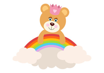 Poster - Princess teddy bear hanging on rainbow with clouds