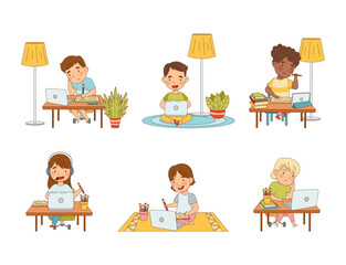 Wall Mural - Cute kids using laptop computers for online education at home. Online learning, distance education, remote school lesson or video call cartoon vector illustration