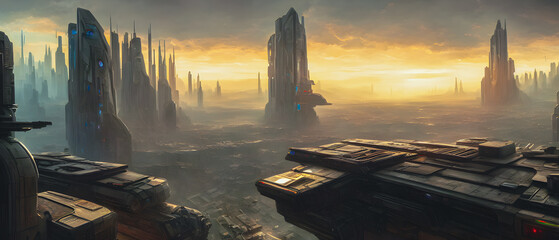 artistic concept painting of a beautiful sci-fi landscape, with a future thing in the background. te