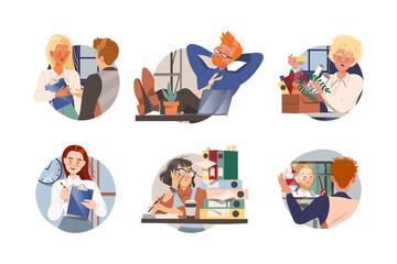 Wall Mural - Office staff set. Employees communicating, working with computer and documents, procrastinating at workplace vector illustration