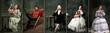 Set of images of actors and actress in image of medieval royalty persons from famous artworks in vintage clothes on dark background. Eras comparison concept