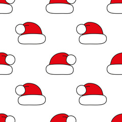 Wall Mural - Seamless vector pattern. Red Christmas hats on white. Christmas background for festive designs, textile print, wrapping, paper decorations, decors, banners, cards, and invitations.