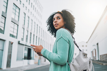 Canvas Print - Smartphone, city and black woman student walking to campus, university or college and location search, social media, 5g network. Gen z girl on cellphone for outdoor communication in urban street