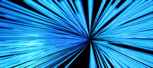 Wall Mural - Abstract 3D illustration of glowing bright blue neon light streaks in motion. Visualization of data transfer, rapid movement or cyberspace on black background