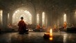 Buddhist monk in meditation, praying at temple background
