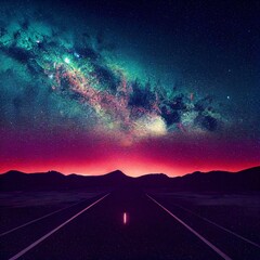 Wall Mural - long street with colorful sky, galaxy, forest, generative ai